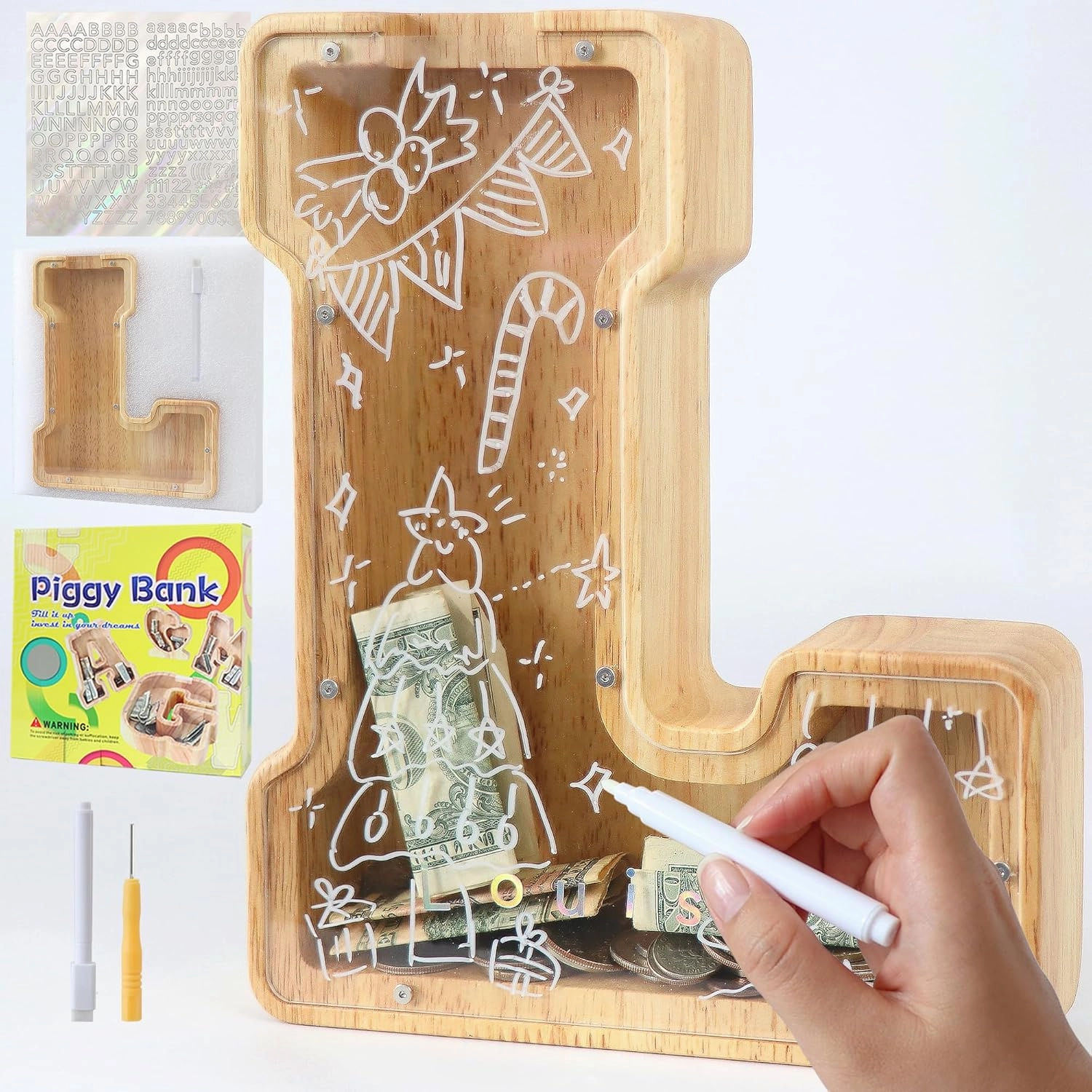 Large Letter Piggy Bank for Kids Boys Girls Wooden Personalized Piggy Banks A-Z with Target Area Clear Alphabet Banknote Coin Banks for Gift Decoration Baptism (L)