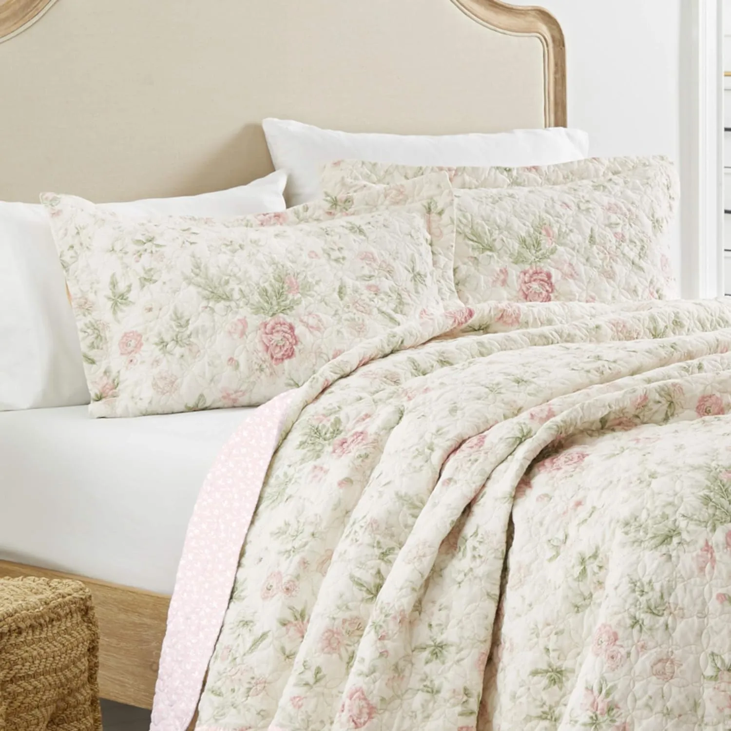 Laura Ashley - King Quilt Set, Reversible Cotton Bedding with Matching Shams, Lightweight Home Decor for All Seasons (Breezy Floral Pink/Green, King)
