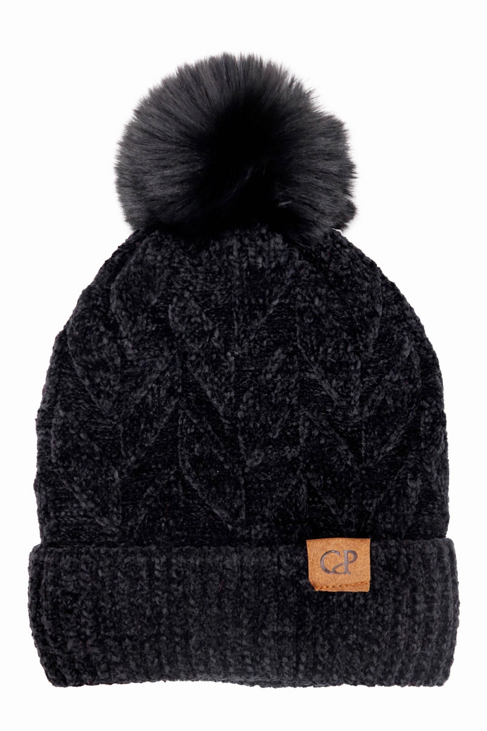 Leaf Knitted Velvety Chenille Fleece Lined Beanie