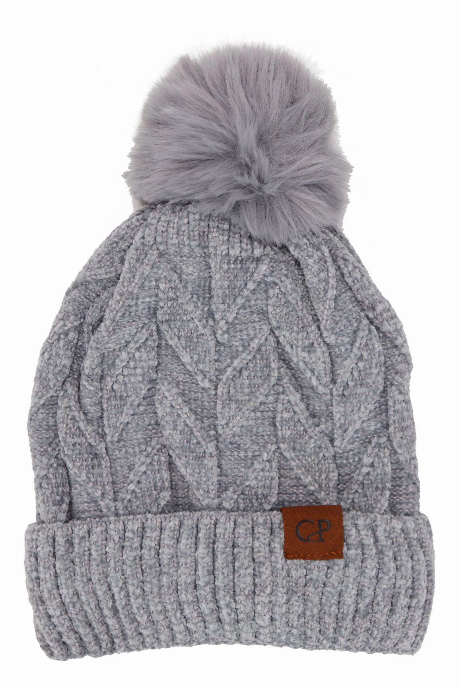 Leaf Knitted Velvety Chenille Fleece Lined Beanie