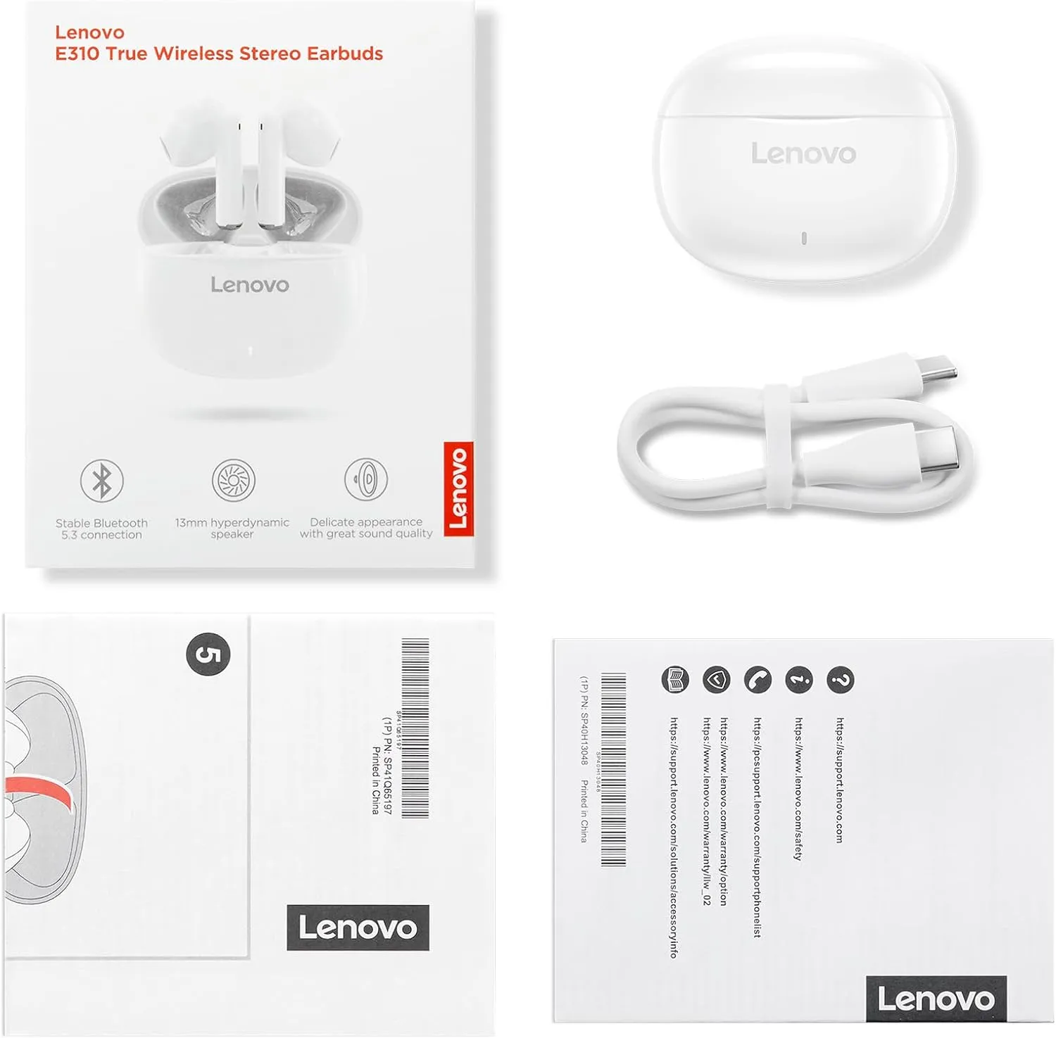 Lenovo E310 True Wireless Stereo Earbuds Bluetooth 5.3 ENC Noise-Cancelling Earbuds with 13mm Speaker Type-C Charging 20h Battery Life for Music Calls Comfortable Fit Wireless Earbuds- White
