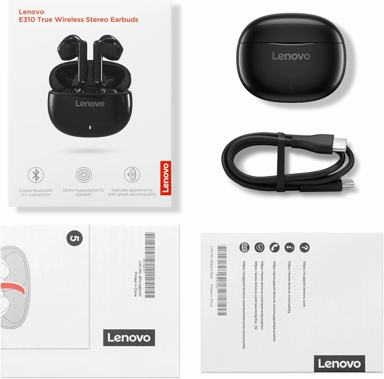 Lenovo E310 True Wireless Stereo Earbuds Bluetooth 5.3 ENC Noise-Cancelling Earbuds with 13mm Speaker Type-C Charging 20h Battery Life for Music Calls Comfortable Fit Wireless Earbuds - Black