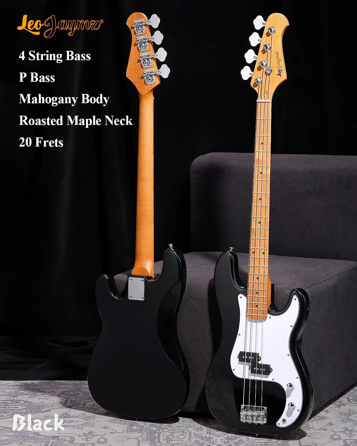 Leo Jaymz PB-400 4 String 34" Scale Electric P Bass Guitar, Mahogany Body, Maple Fingerboard, Roasted Maple Neck, Split-coil Pickup, Classic Design for Beginners (PB Black)