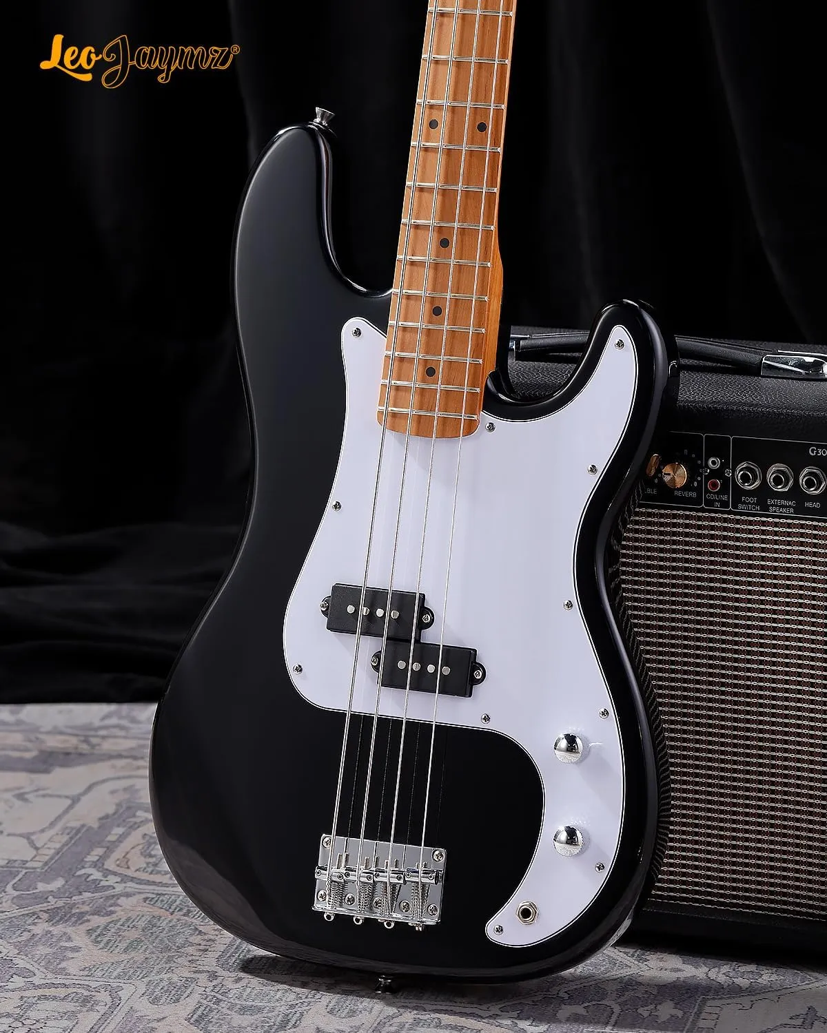 Leo Jaymz PB-400 4 String 34" Scale Electric P Bass Guitar, Mahogany Body, Maple Fingerboard, Roasted Maple Neck, Split-coil Pickup, Classic Design for Beginners (PB Black)