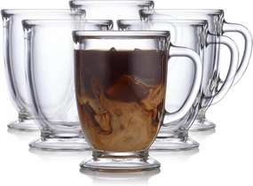Libbey Kona Glass Coffee Mugs Set of 6 , Elegant 16 Ounce Clear Tea Mug , Dishwasher Safe Glass Mugs with Handles for Tea, Coffee,and Espresso