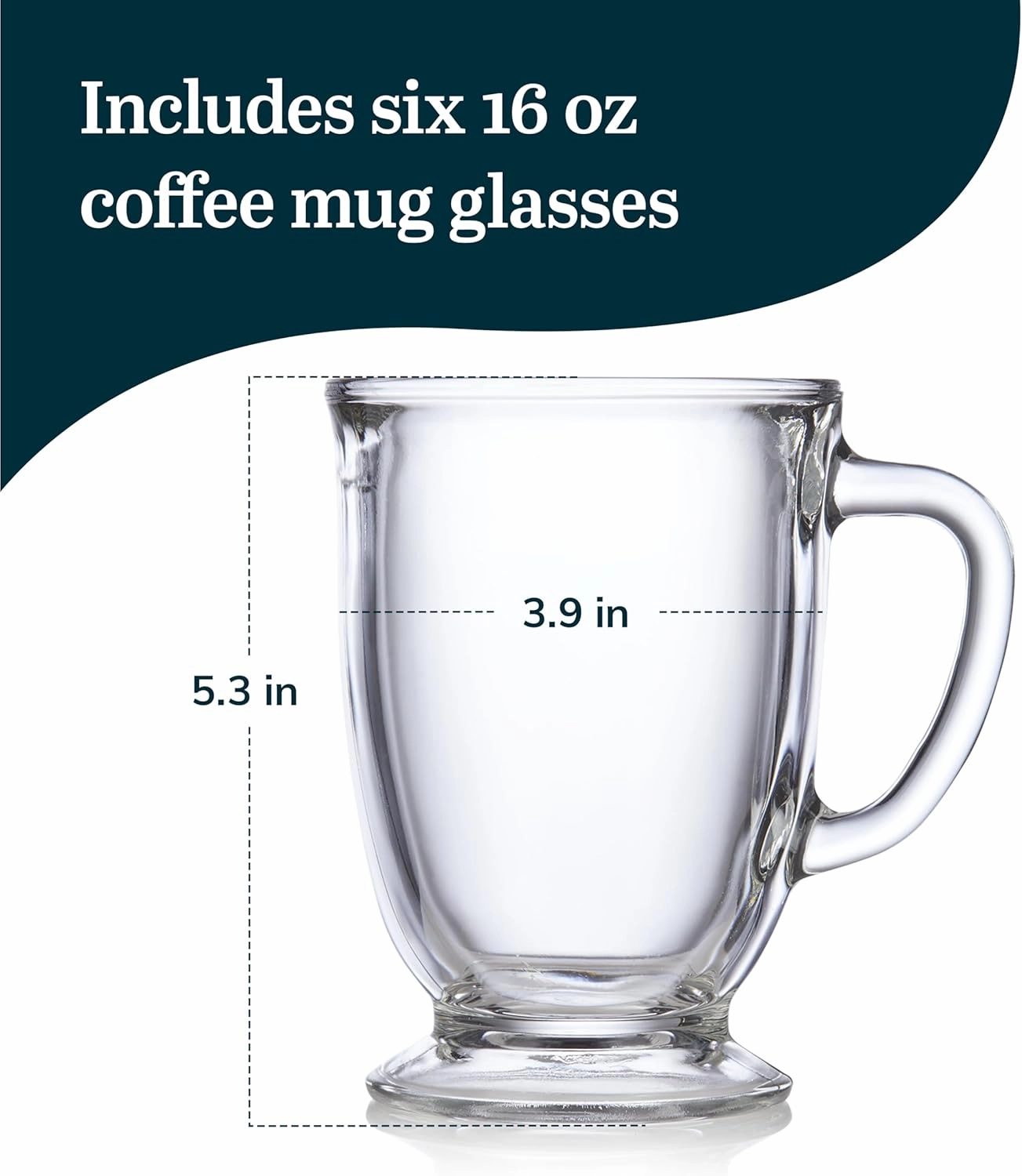 Libbey Kona Glass Coffee Mugs Set of 6 , Elegant 16 Ounce Clear Tea Mug , Dishwasher Safe Glass Mugs with Handles for Tea, Coffee,and Espresso