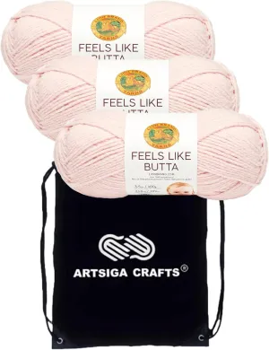 Lion Brand Feels Like Butta Pink 215-101 (3-Skeins - Same Dye Lot) Worsted Medium #4 Polyester Yarn for Crocheting and Knitting with Project Bag