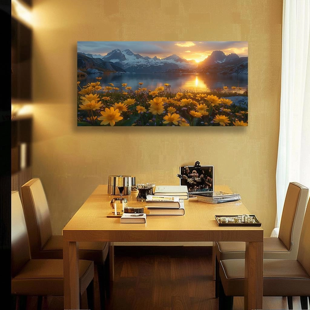 LKY ART Mountain Lake Sunset Wall Art Snow-Capped Peaks with Yellow Wildflowers Picture Wall Decor for Living Room Nature Landscape Canvas Prints Poster Artwork Home Decoration
