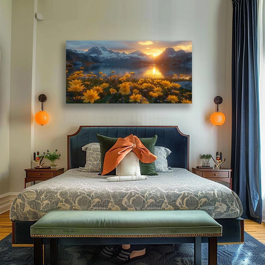 LKY ART Mountain Lake Sunset Wall Art Snow-Capped Peaks with Yellow Wildflowers Picture Wall Decor for Living Room Nature Landscape Canvas Prints Poster Artwork Home Decoration