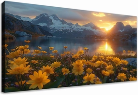 LKY ART Mountain Lake Sunset Wall Art Snow-Capped Peaks with Yellow Wildflowers Picture Wall Decor for Living Room Nature Landscape Canvas Prints Poster Artwork Home Decoration