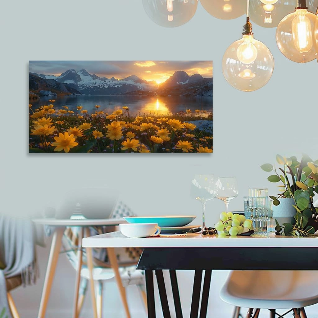 LKY ART Mountain Lake Sunset Wall Art Snow-Capped Peaks with Yellow Wildflowers Picture Wall Decor for Living Room Nature Landscape Canvas Prints Poster Artwork Home Decoration