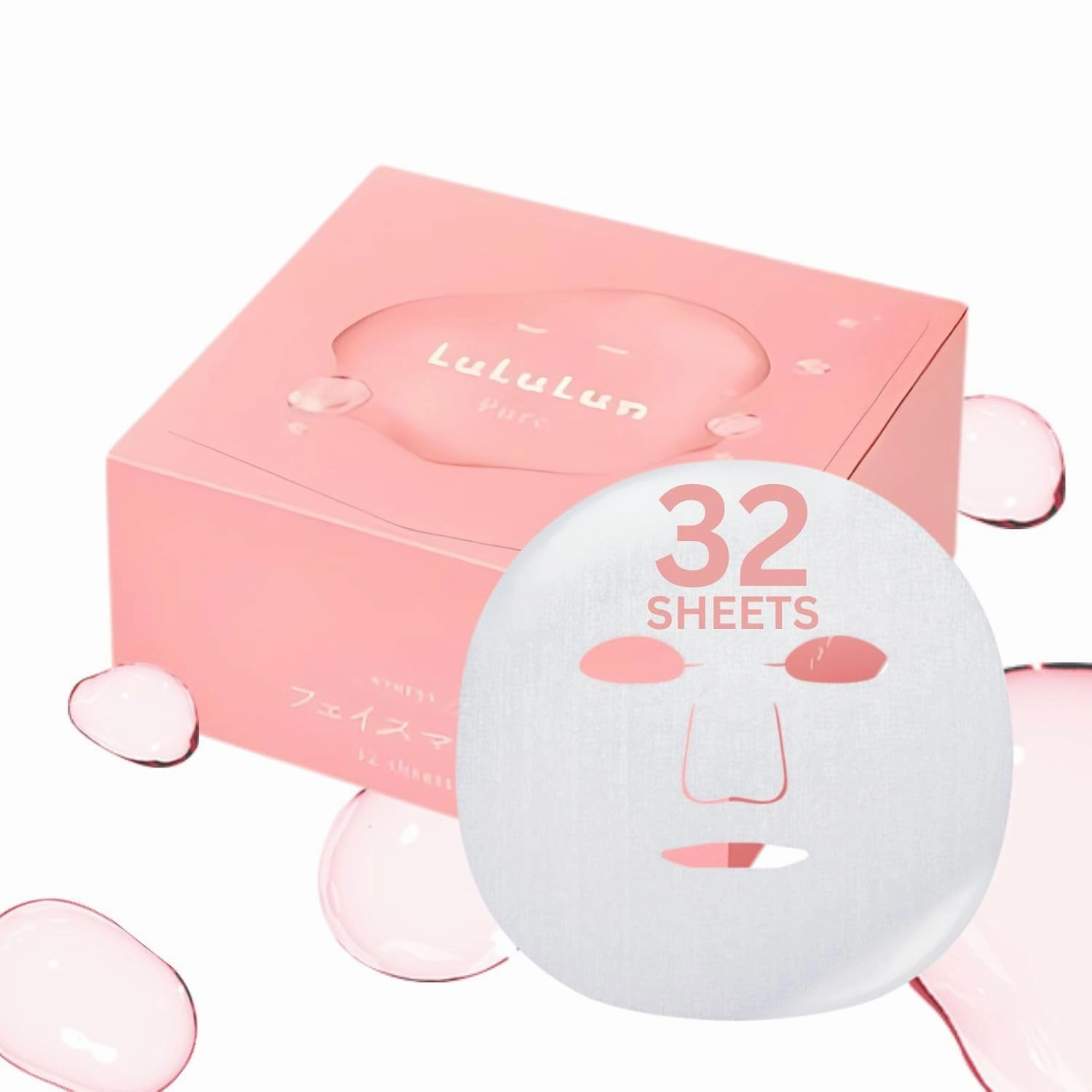 Lululun 32 EA Facial Sheet Mask for Extra Dry Skin & All Skin Types Women & Men, Hydrating & Moisturizing Daily Face Sheet Mask with Seaweed & Cranberry Extracts, Natural Japanese Skincare, PURE PINK