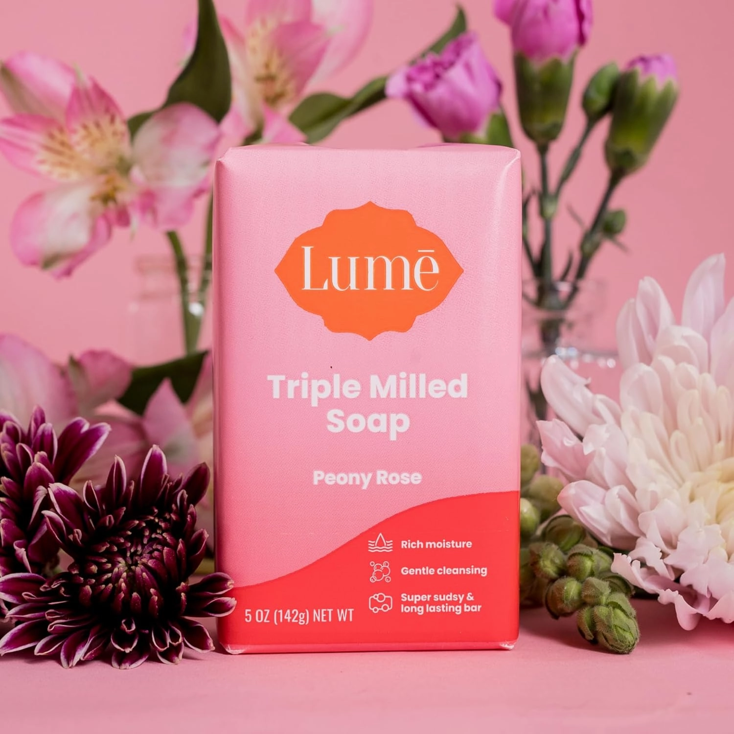 Lume Triple Milled Bar Soap - Rich Moisture & Gentle Cleansing - Paraben Free, Phthalate Free, Skin Safe - 5 ounce (Pack of 4) (Peony Rose)