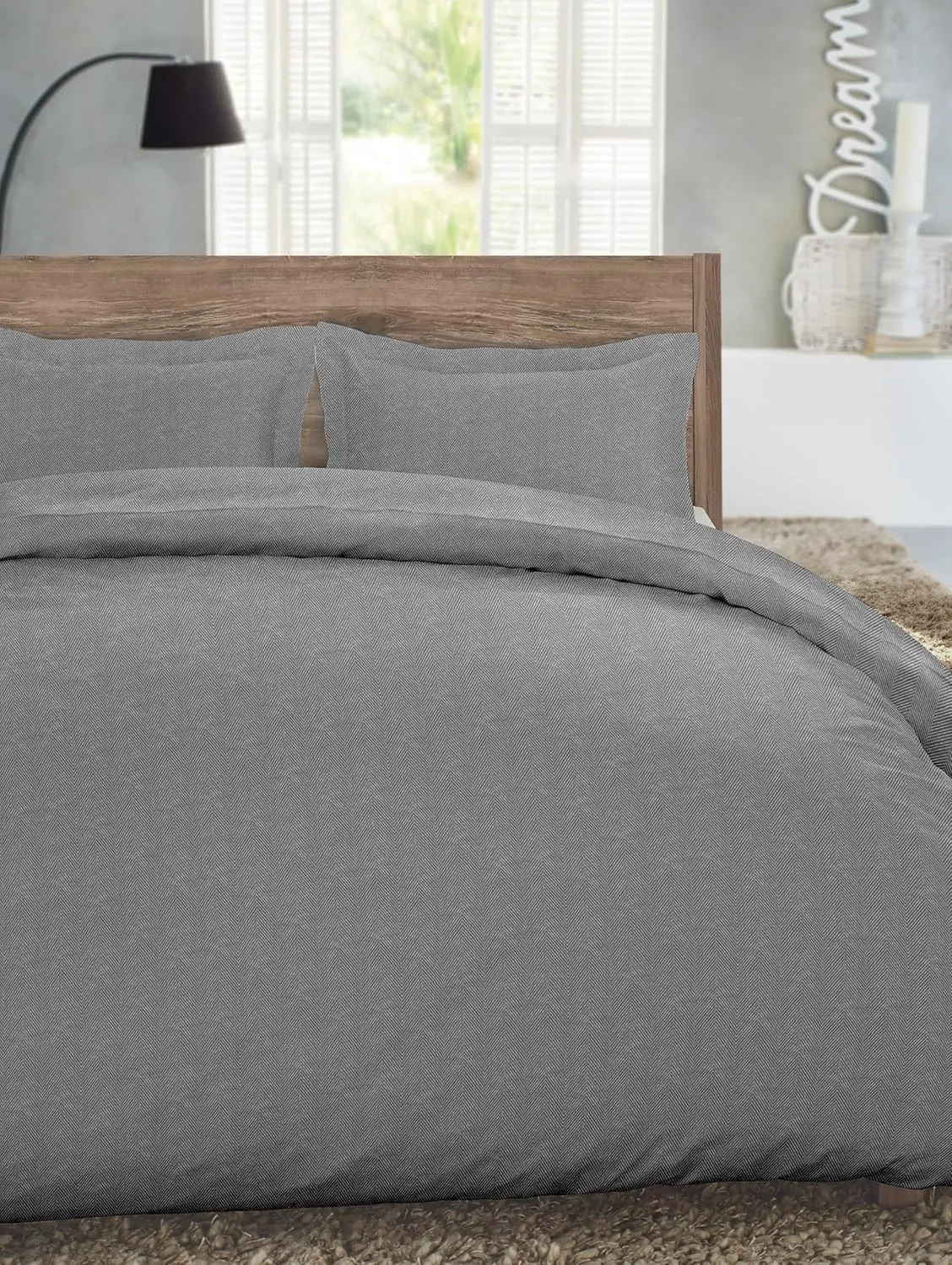 Luxury German Flannel Duvet Cover & Shams Set, 3 Piece (Gray Herringbone, King (U.S. Standard))