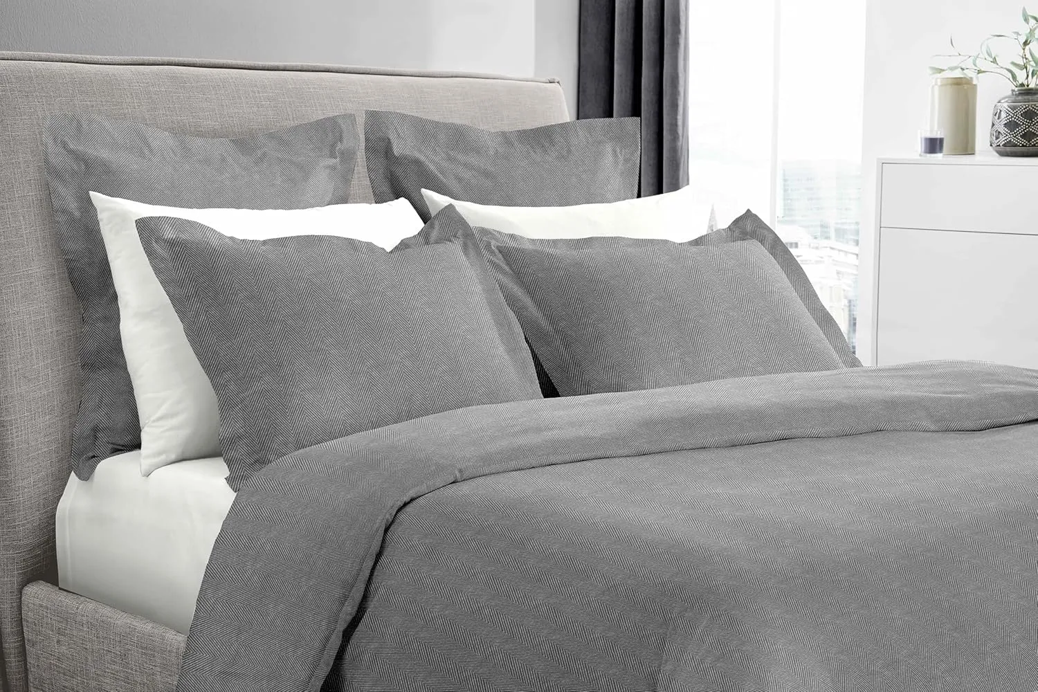 Luxury German Flannel Duvet Cover & Shams Set, 3 Piece (Gray Herringbone, King (U.S. Standard))