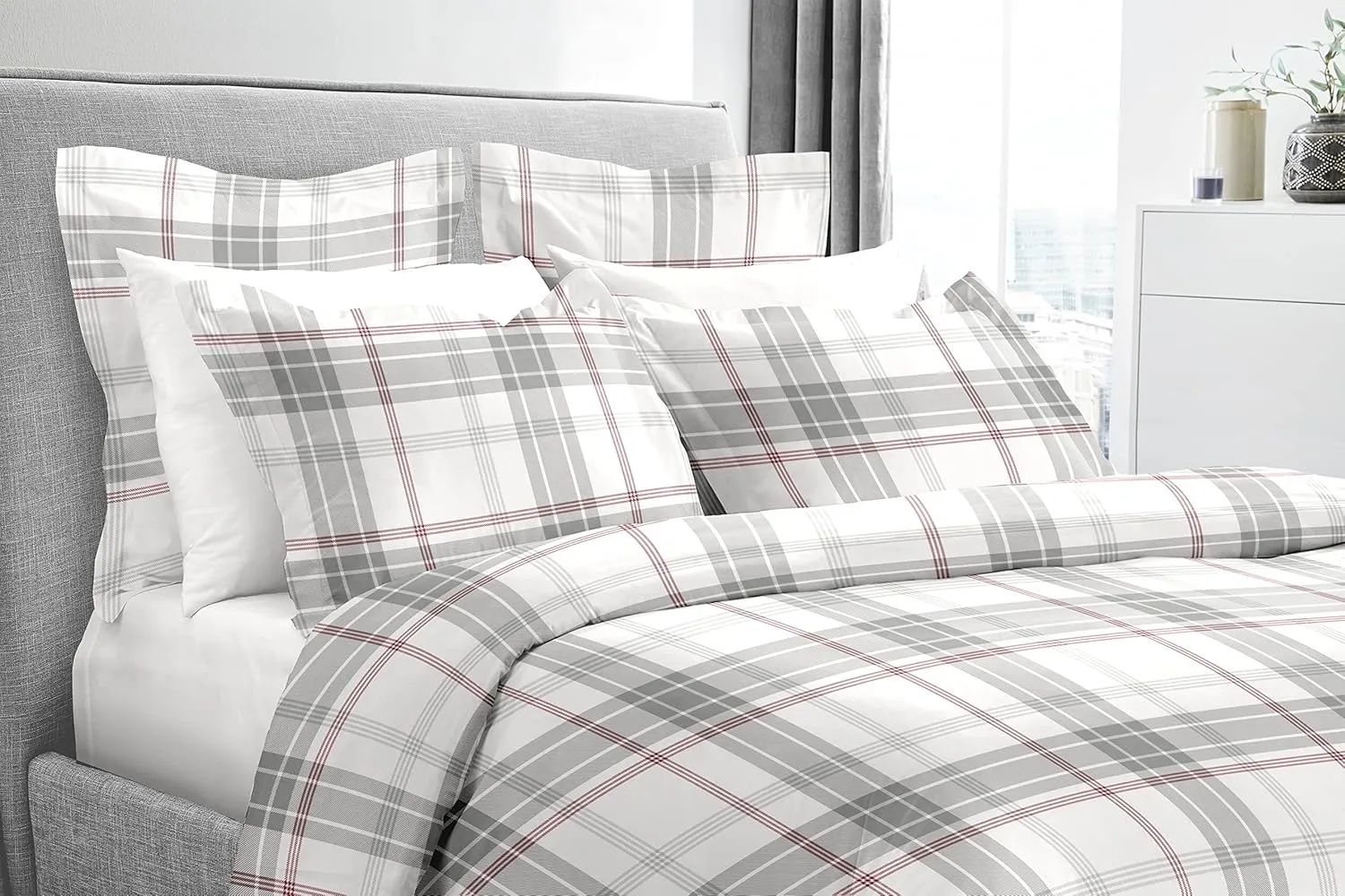 Luxury German Flannel Duvet Cover & Shams Set, 3 Piece (King, Grey Plaid)