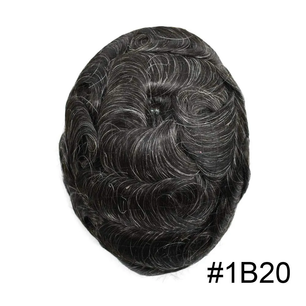 Mens Hair Systems Full French Lace Toupee for Men European Virgin Human Hair Replacement System Breathable Mens Toupee Hair Piece 7X9 1B20# OFF BLACK 20% Gray-100% density