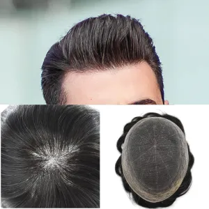 Mens Hair Systems Full French Lace Toupee for Men European Virgin Human Hair Replacement System Breathable Mens Toupee Hair Piece 7X9 1B20# OFF BLACK 20% Gray-100% density
