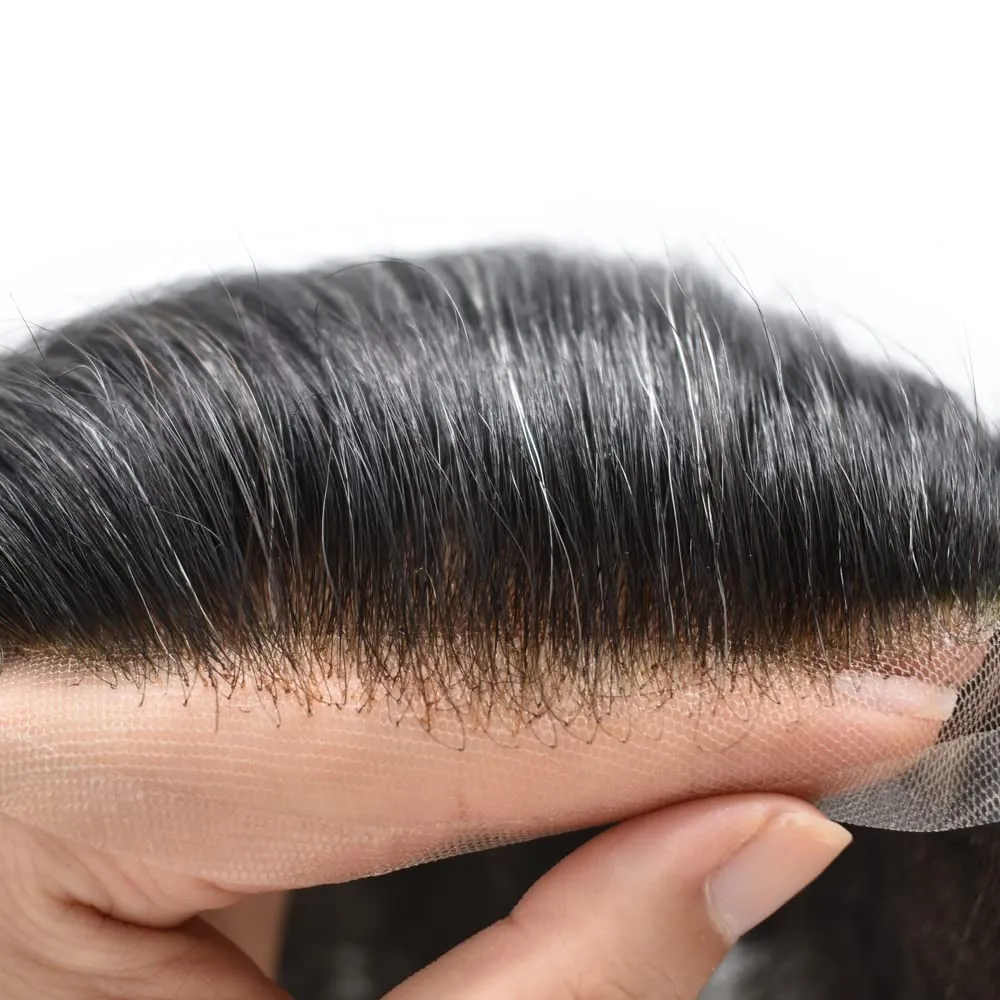 Mens Hair Systems Full French Lace Toupee for Men European Virgin Human Hair Replacement System Breathable Mens Toupee Hair Piece 7X9 1B20# OFF BLACK 20% Gray-100% density