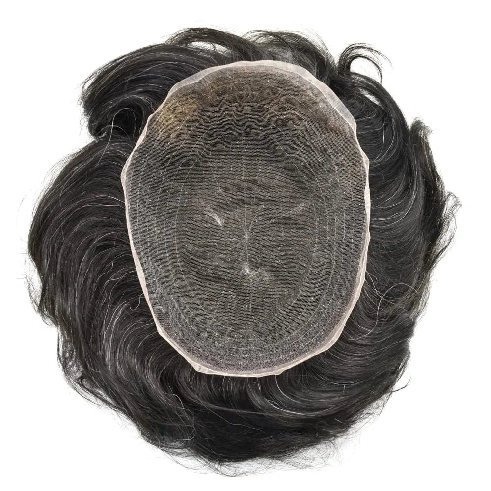 Mens Hair Systems Full French Lace Toupee for Men European Virgin Human Hair Replacement System Breathable Mens Toupee Hair Piece 7X9 1B20# OFF BLACK 20% Gray-100% density
