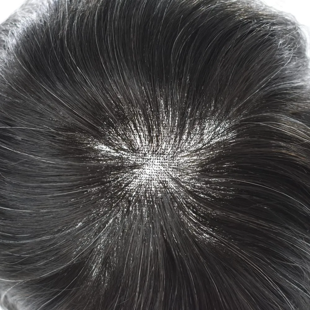 Mens Hair Systems Full French Lace Toupee for Men European Virgin Human Hair Replacement System Breathable Mens Toupee Hair Piece 7X9 1B20# OFF BLACK 20% Gray-100% density