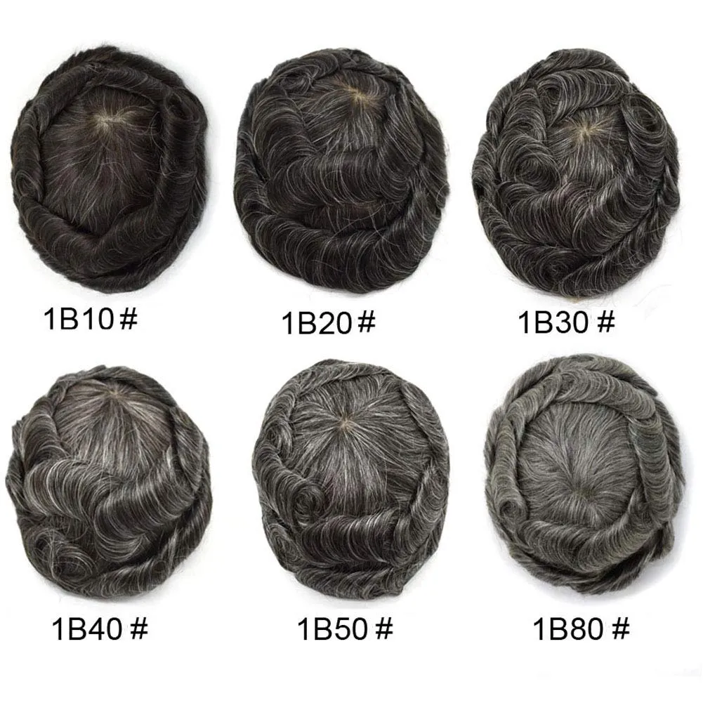 Mens Hair Systems Full French Lace Toupee for Men European Virgin Human Hair Replacement System Breathable Mens Toupee Hair Piece 7X9 1B20# OFF BLACK 20% Gray-100% density