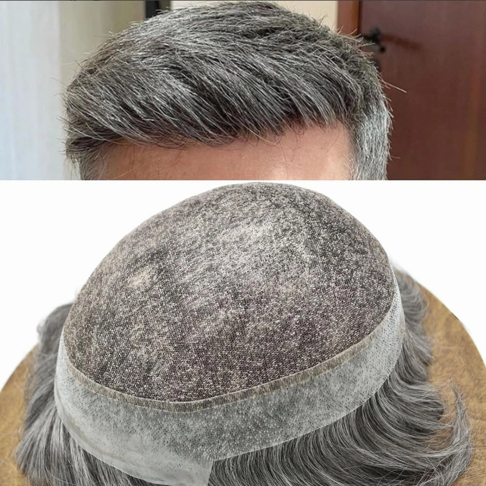 Mens Hair Piece Human Hair Replacement System For Men Mens Hair Systems Lace Hairpieces For Men Hair Prosthesis Protesis Capilar Para Hombre7x9-120% density#1B60#1B OFF BLACK 60% GREY