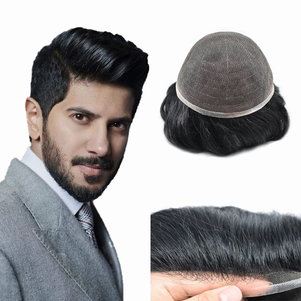 Mens Hair Systems Full French Lace Toupee for Men European Virgin Human Hair Replacement System Breathable Mens Toupee Hair Piece 7X9 1# JET BLACK-100% density