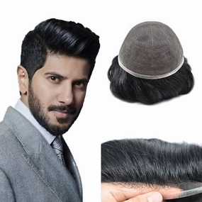 Mens Hair Systems Full French Lace Toupee for Men European Virgin Human Hair Replacement System Breathable Mens Toupee Hair Piece 7X9 1# JET BLACK-100% density