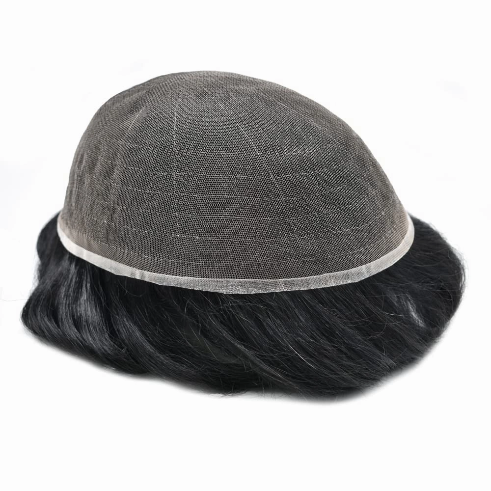 Mens Hair Systems Full French Lace Toupee for Men European Virgin Human Hair Replacement System Breathable Mens Toupee Hair Piece 7X9 1# JET BLACK-100% density