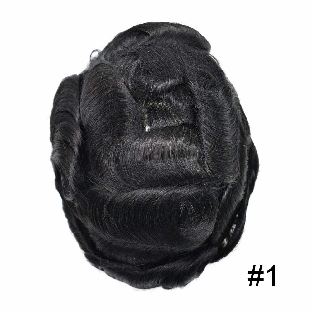 Mens Hair Systems Full French Lace Toupee for Men European Virgin Human Hair Replacement System Breathable Mens Toupee Hair Piece 7X9 1# JET BLACK-100% density