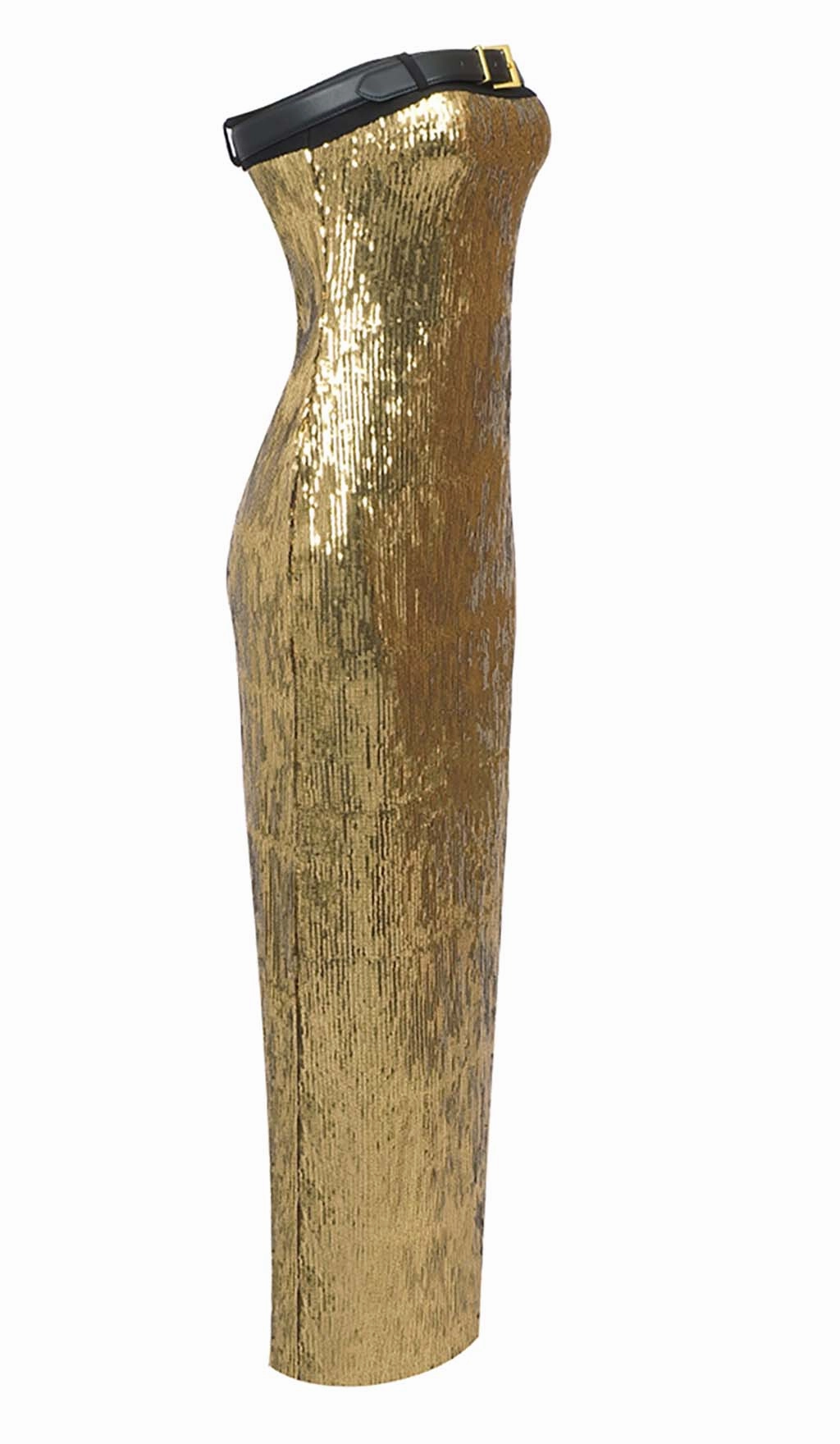 Metallic Strapless Midi Dress In Champagne