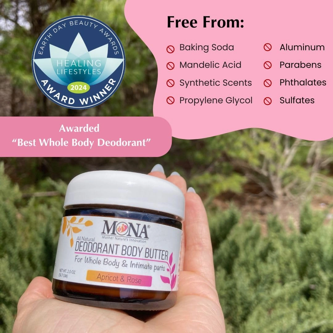 MONA All Natural Deodorant for Whole Body & Intimate Parts | Deodorant Cream for Women, Men & Teens | No Aluminum, Baking Soda or Synthetic Fragrance | (Apricot & Rose, 2.0 Oz (Pack of 1))