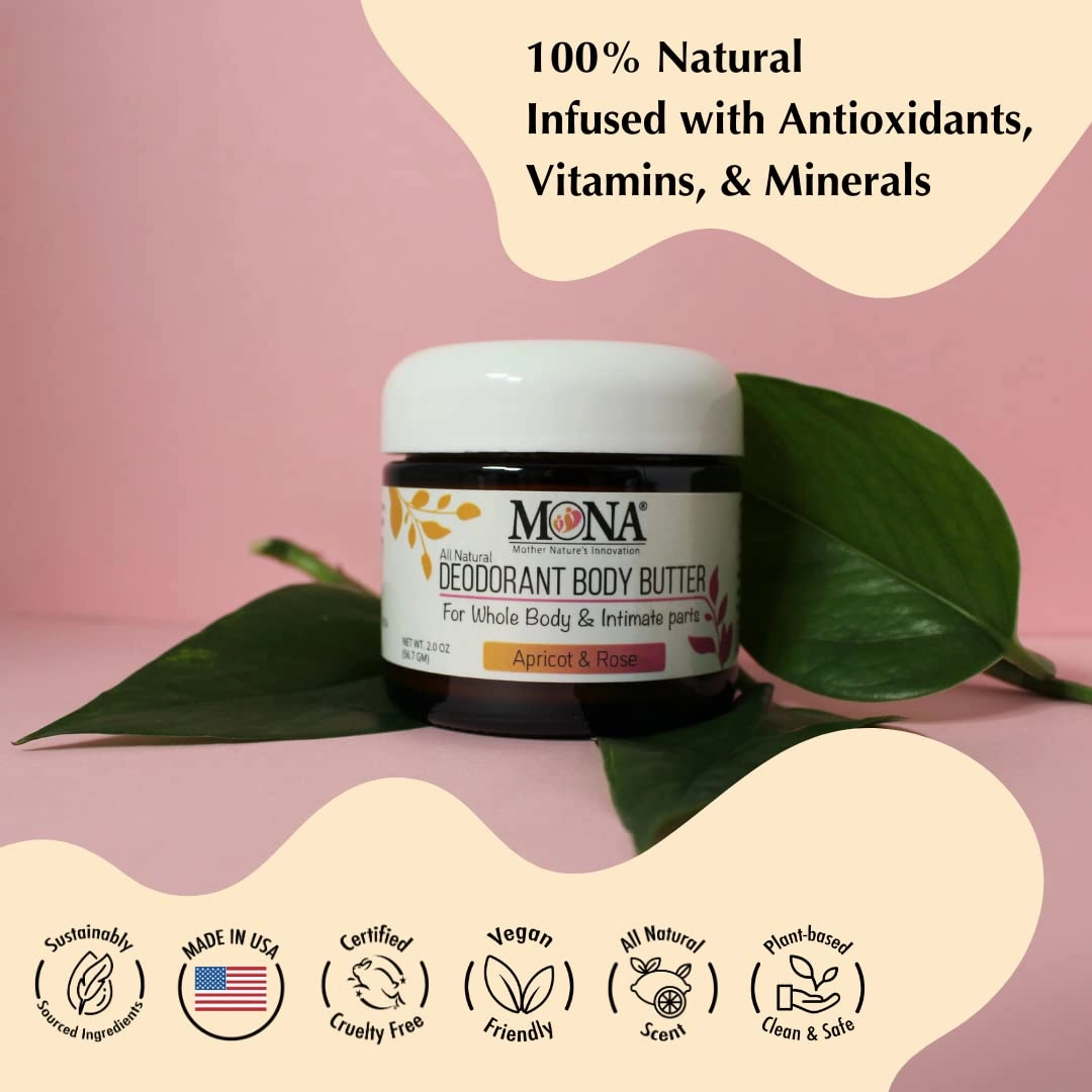 MONA All Natural Deodorant for Whole Body & Intimate Parts | Deodorant Cream for Women, Men & Teens | No Aluminum, Baking Soda or Synthetic Fragrance | (Apricot & Rose, 2.0 Oz (Pack of 1))