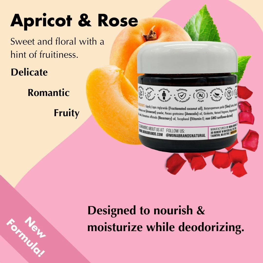 MONA All Natural Deodorant for Whole Body & Intimate Parts | Deodorant Cream for Women, Men & Teens | No Aluminum, Baking Soda or Synthetic Fragrance | (Apricot & Rose, 2.0 Oz (Pack of 1))
