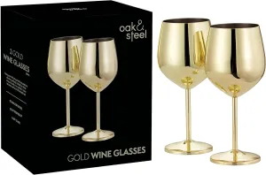 Oak & Steel - 2 Gold Stainless Steel Wine Glasses (18 Oz) Unbreakable Metal Wine Glasses, Wine Goblets with Gift Box for House Warming, Valentines, Anniversary