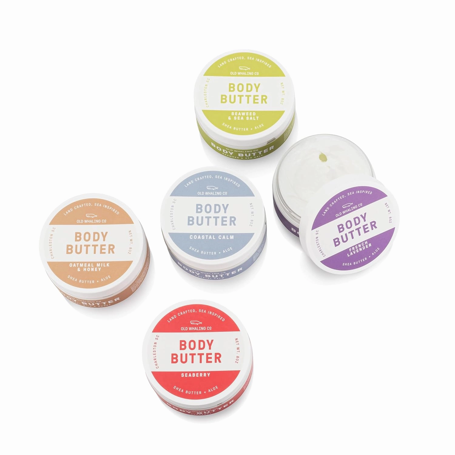Old Whaling Co Five Body Butter Set – Soothing Cream with Shea Butter, Aloe and Sunflower Oil – Handmade Bath and Body Products - 8oz Jars, Set of 5
