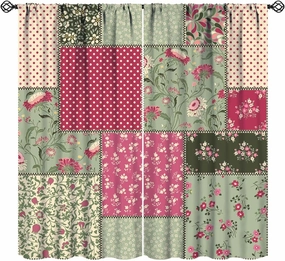 Patchwork Blackout Curtains Vintage Bohemian Colorful Wildflowers Rustic Green Red Stitching Design Girls Women Bedroom Living Room Rod Pocket Decoration Window Drapes 2 Panels W21xL63in