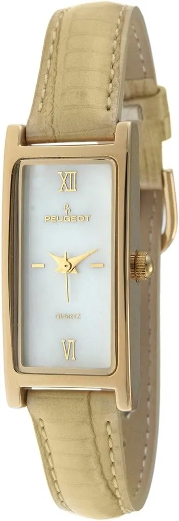 Peugeot Women's Slim 14K Gold Plated White Mother of Pearl Dial Tan Leather Thin Band Dress Watch 3017TN
