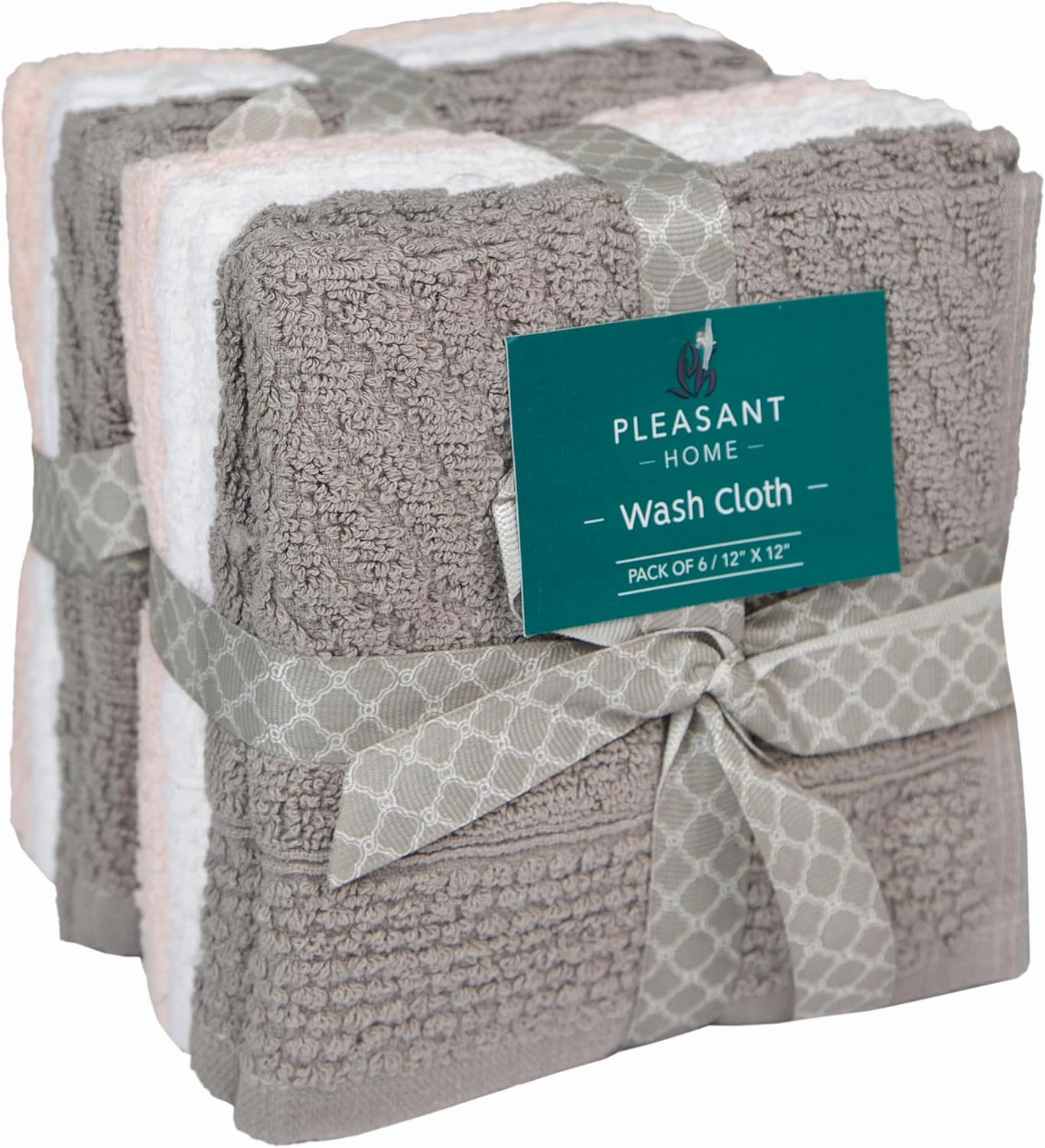PH Pleasant Home Diagonal Wash Cloths Set - 12 Pack (12” x 12”) – 509 GSM - 100% Ring Spun Cotton Wash Cloth - Super Soft and Highly Absorbent Face Towels (Light Grey, White & Pink)