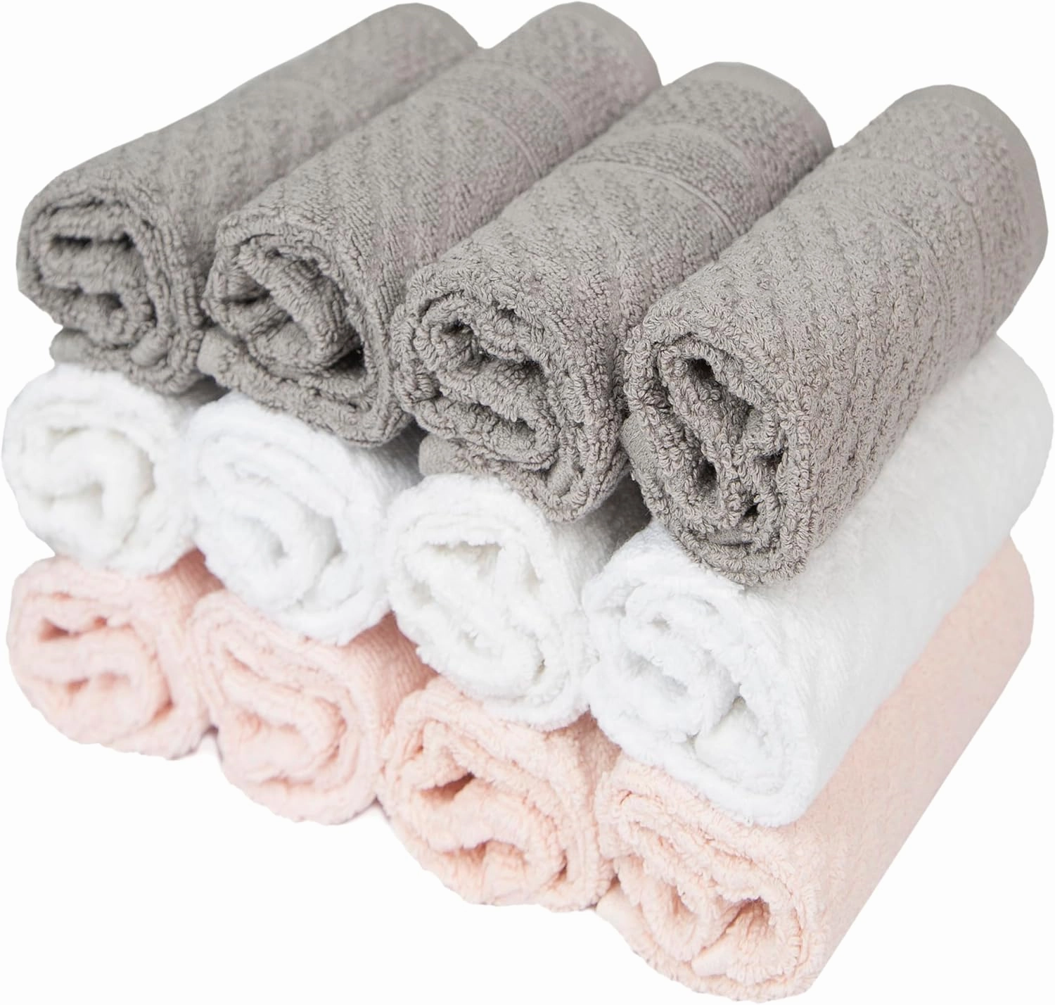 PH Pleasant Home Diagonal Wash Cloths Set - 12 Pack (12” x 12”) – 509 GSM - 100% Ring Spun Cotton Wash Cloth - Super Soft and Highly Absorbent Face Towels (Light Grey, White & Pink)