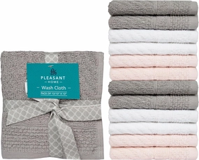 PH Pleasant Home Diagonal Wash Cloths Set - 12 Pack (12” x 12”) – 509 GSM - 100% Ring Spun Cotton Wash Cloth - Super Soft and Highly Absorbent Face Towels (Light Grey, White & Pink)