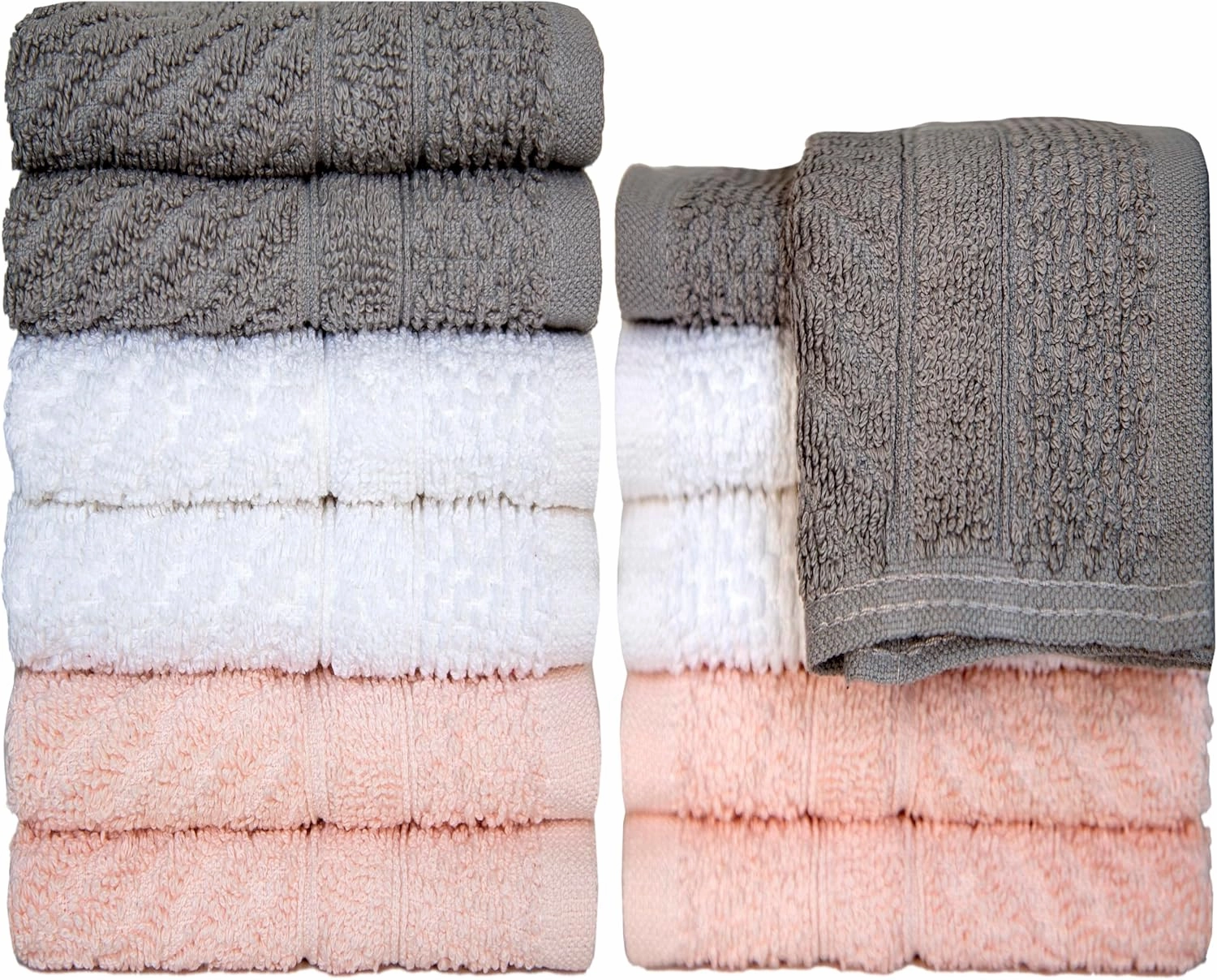 PH Pleasant Home Diagonal Wash Cloths Set - 12 Pack (12” x 12”) – 509 GSM - 100% Ring Spun Cotton Wash Cloth - Super Soft and Highly Absorbent Face Towels (Light Grey, White & Pink)