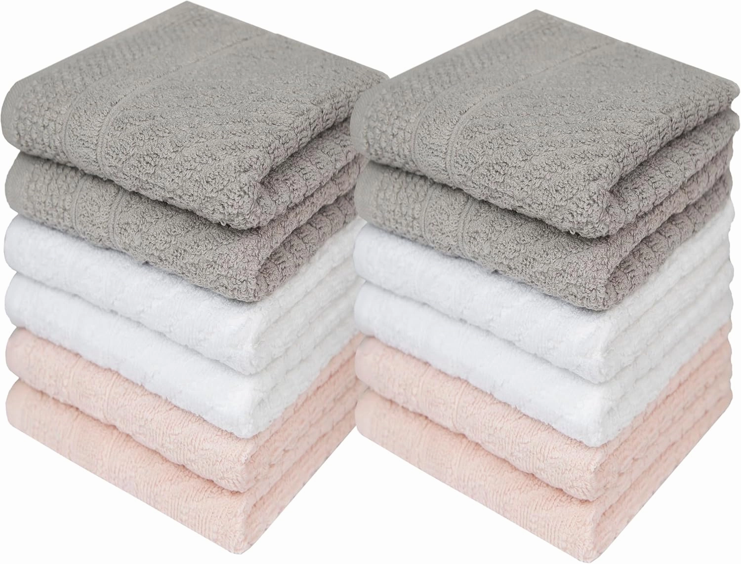 PH Pleasant Home Diagonal Wash Cloths Set - 12 Pack (12” x 12”) – 509 GSM - 100% Ring Spun Cotton Wash Cloth - Super Soft and Highly Absorbent Face Towels (Light Grey, White & Pink)