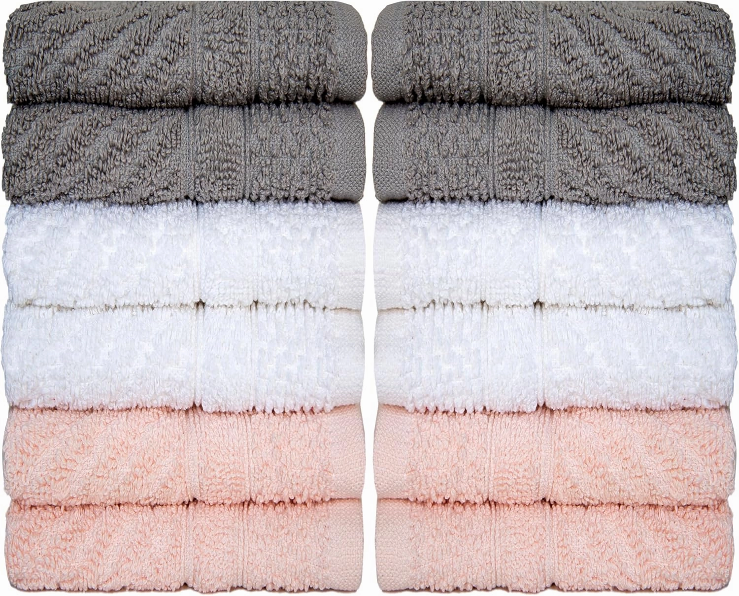 PH Pleasant Home Diagonal Wash Cloths Set - 12 Pack (12” x 12”) – 509 GSM - 100% Ring Spun Cotton Wash Cloth - Super Soft and Highly Absorbent Face Towels (Light Grey, White & Pink)