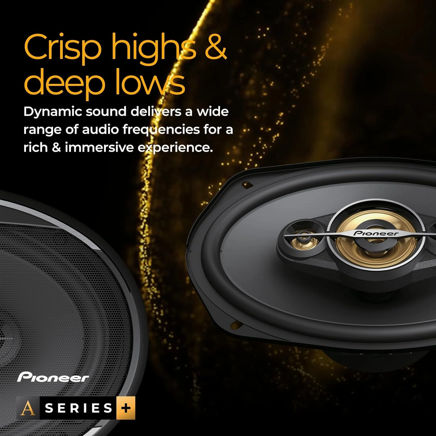 Pioneer TS-A1681F, 4-Way Coaxial Car Audio Speakers, Full Range, Clear Sound Quality, Easy Installation and Enhanced Bass Response, Black and Gold Colored 6.5” Round Speakers