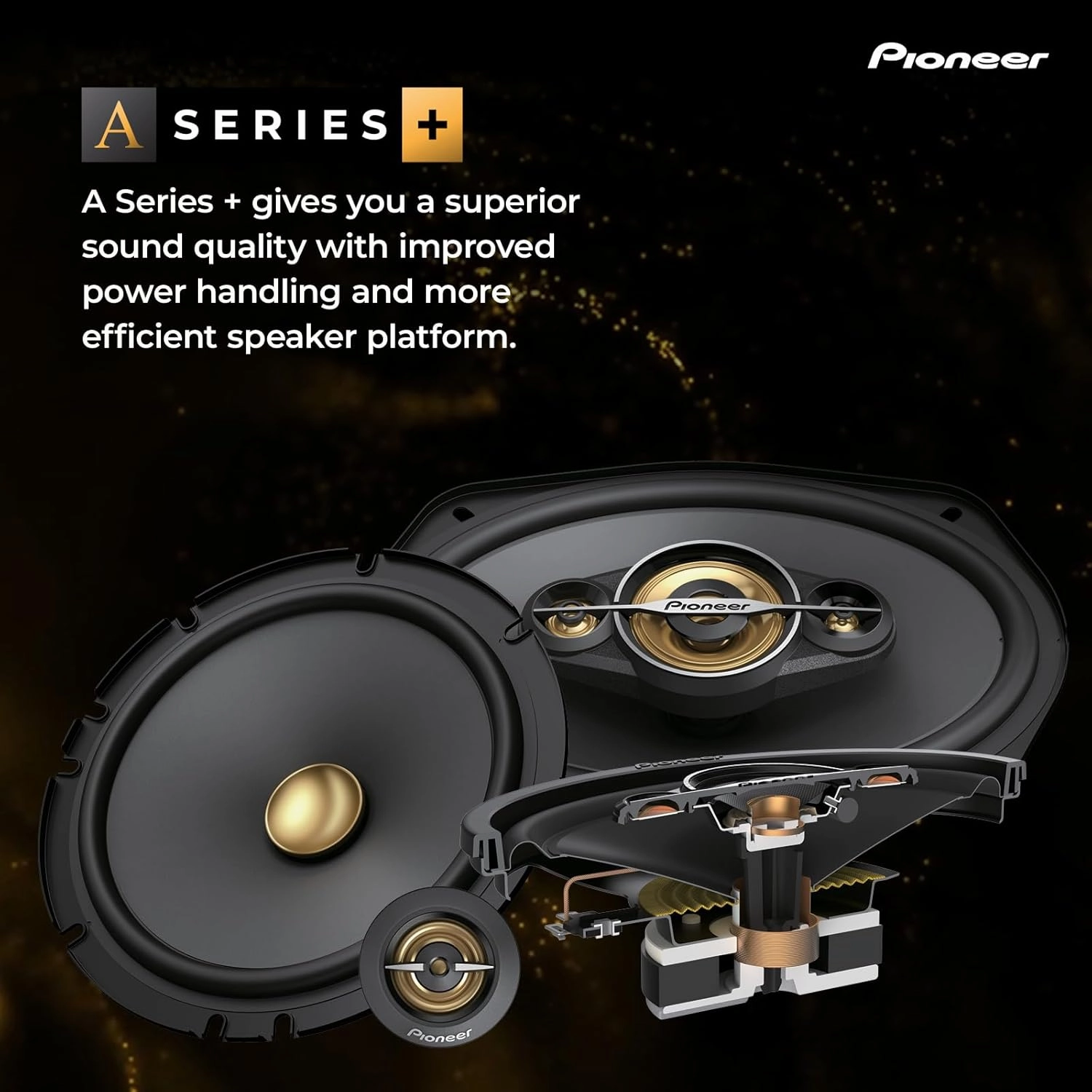 Pioneer TS-A1681F, 4-Way Coaxial Car Audio Speakers, Full Range, Clear Sound Quality, Easy Installation and Enhanced Bass Response, Black and Gold Colored 6.5” Round Speakers