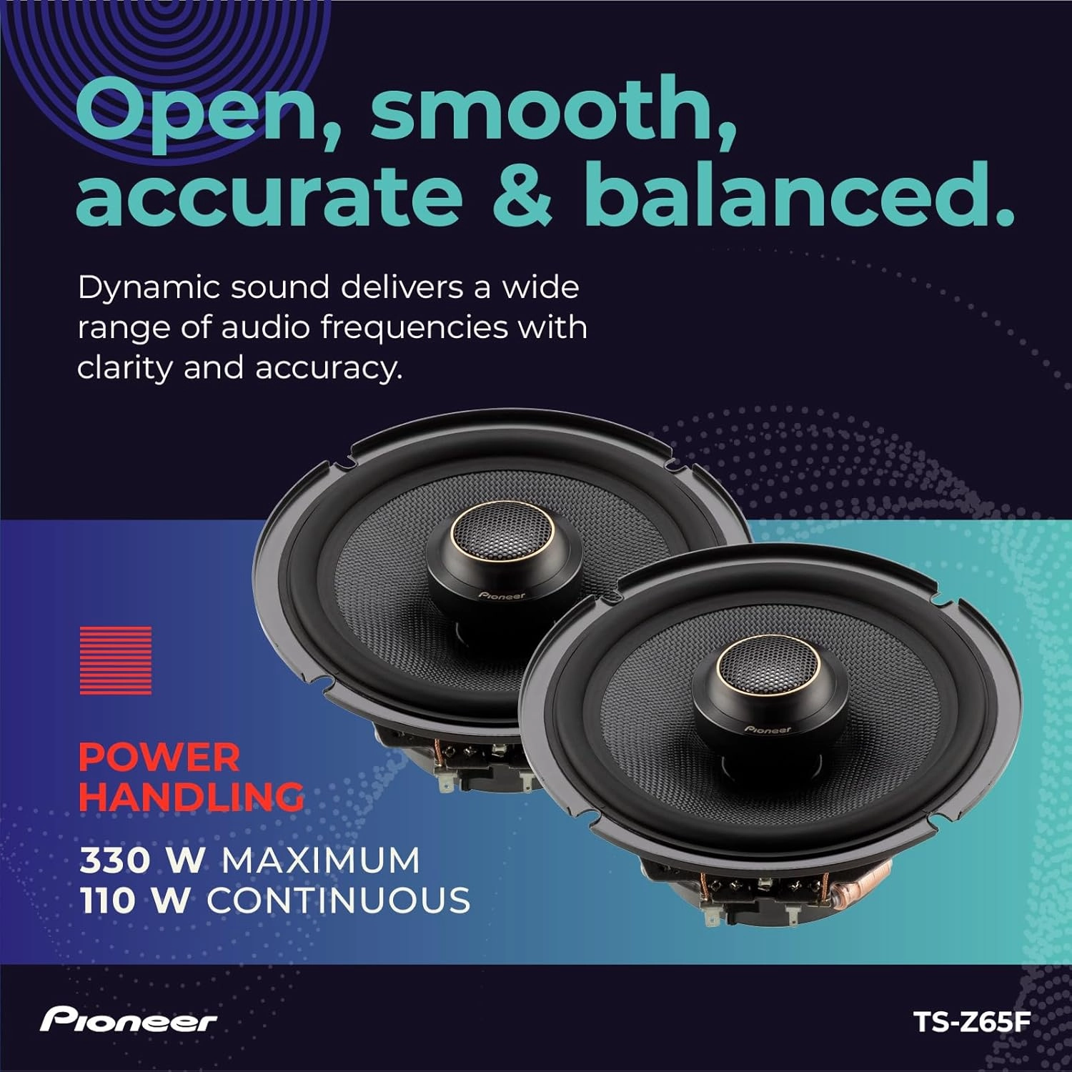 Pioneer TS-Z65F, 2-Way Coaxial Car Audio Speakers, Full Range, Open & Smooth Sound Quality, Easy Installation and Enhanced Bass Response, Black 6.5” Round Speakers