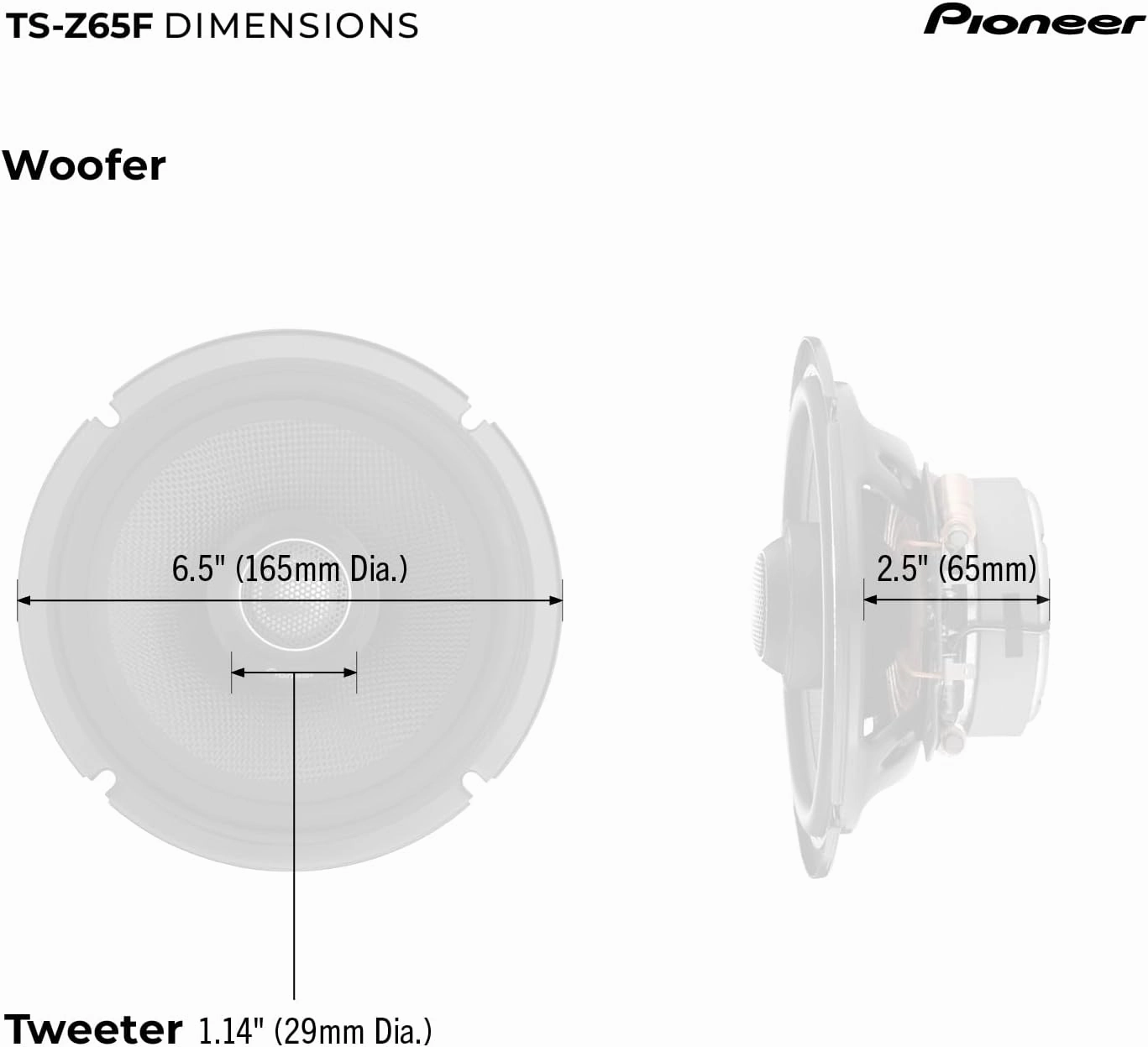 Pioneer TS-Z65F, 2-Way Coaxial Car Audio Speakers, Full Range, Open & Smooth Sound Quality, Easy Installation and Enhanced Bass Response, Black 6.5” Round Speakers