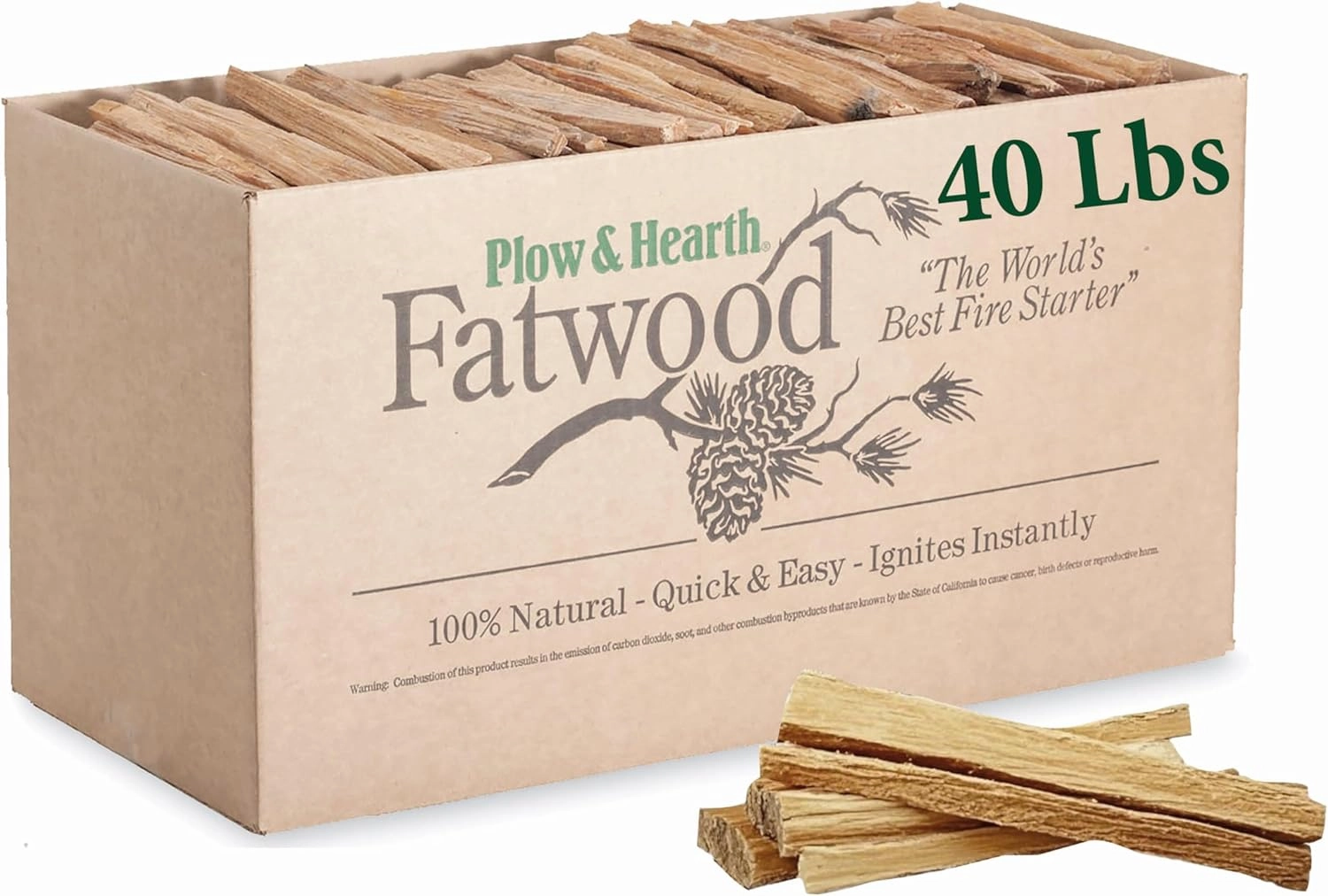 Plow & Hearth 40 LBS Fatwood Fire Starter Sticks, Organic Resin Rich Kindling Sticks for Wood Stoves Fireplaces Campfires Fire Pits, Non Toxic Natural Fire Sarters